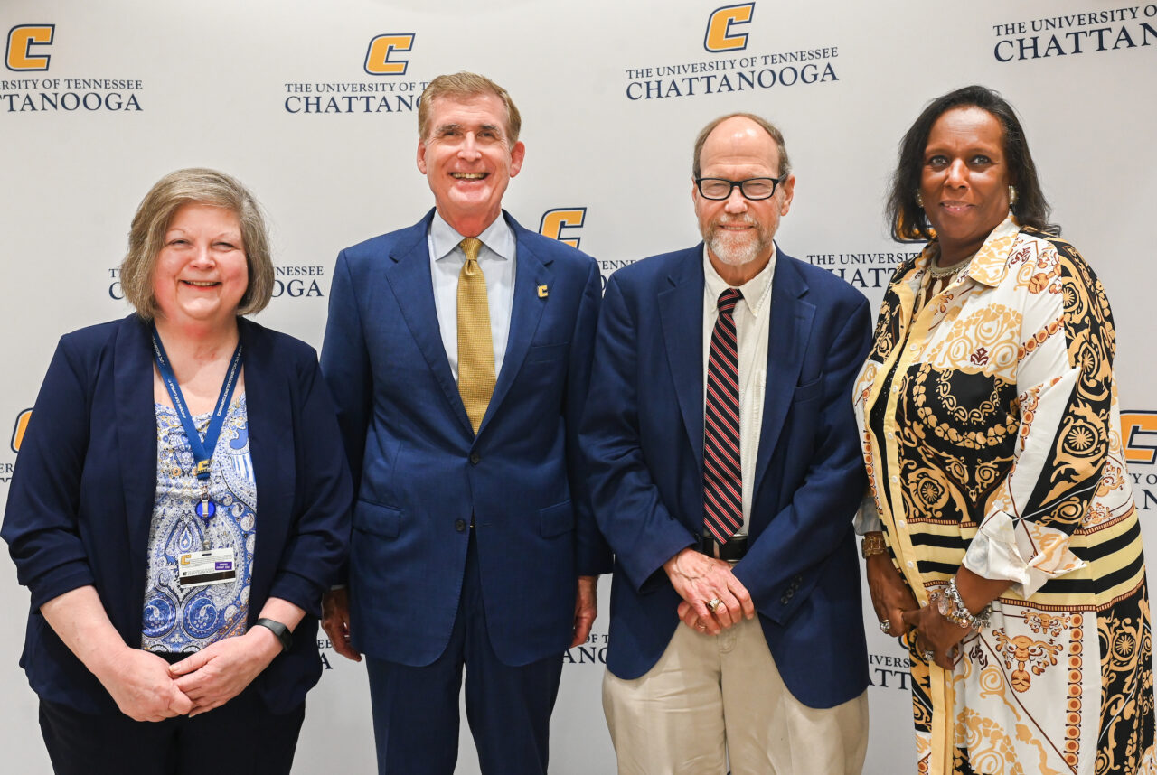 From left: Teresa McKinney, Chancellor Steven R. Angle, Dr. Lucien Ellington and Vanasia Parks at the 2023 Annual Service Awards Luncheon. Photo by Angela Foster.