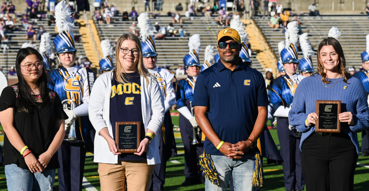 From left: Public Service Award recipient Emma Sprayberry, Interim Vice Chancellor for Enrollment Management and Student Affairs Stacie Grisham, UTC Alumni Board President Ken Jones and Public Service Award recipient Anna Shrum.