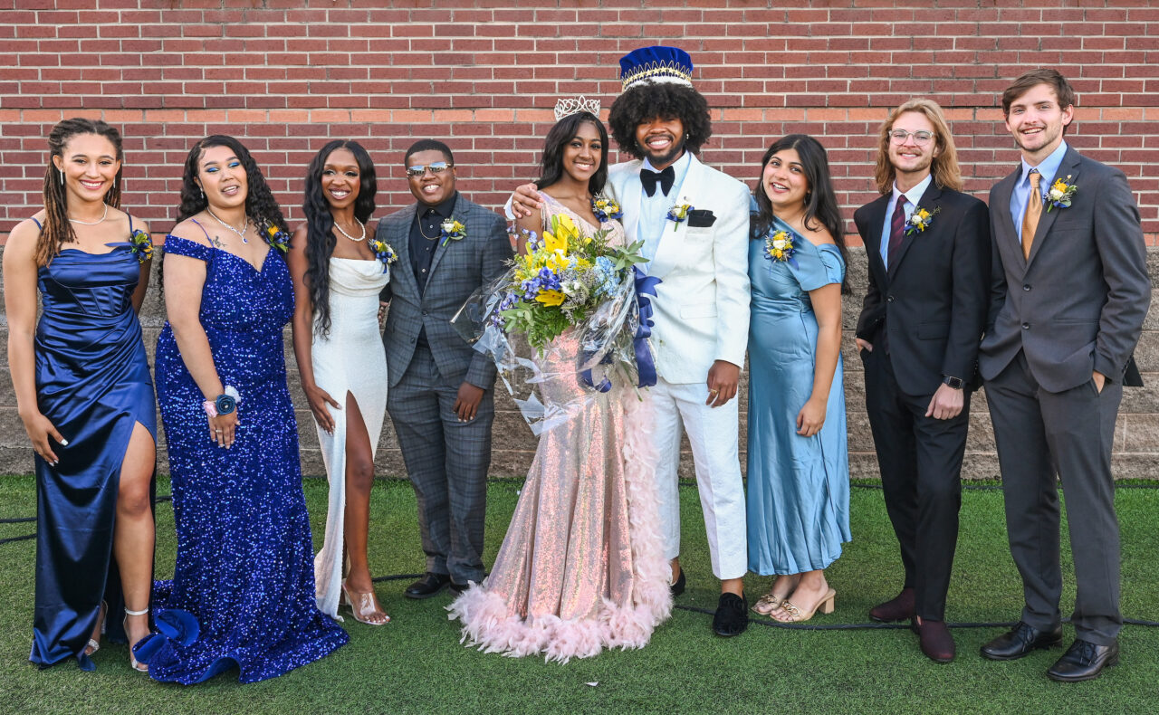 The 2023 Homecoming Court (from left): Cece Gragg, Carmin Chambers, Tamiah Caldwell, Jalen Redditt, Dominique Harris, Tred Hill, Emaan Aziz, John Adkins and Jacob Morkert.