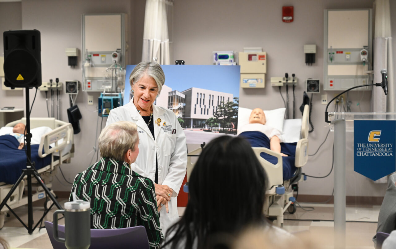 Members of the UTC nursing staff, faculty and students, along with elected officials, were present Monday, Oct. 23, 2023 for the announcement of an $8-million gift from the Kennedy Foundation, Inc., to name the forthcoming home of the UTC School of Nursing the Dorothy and Jim Kennedy Health Sciences Building.