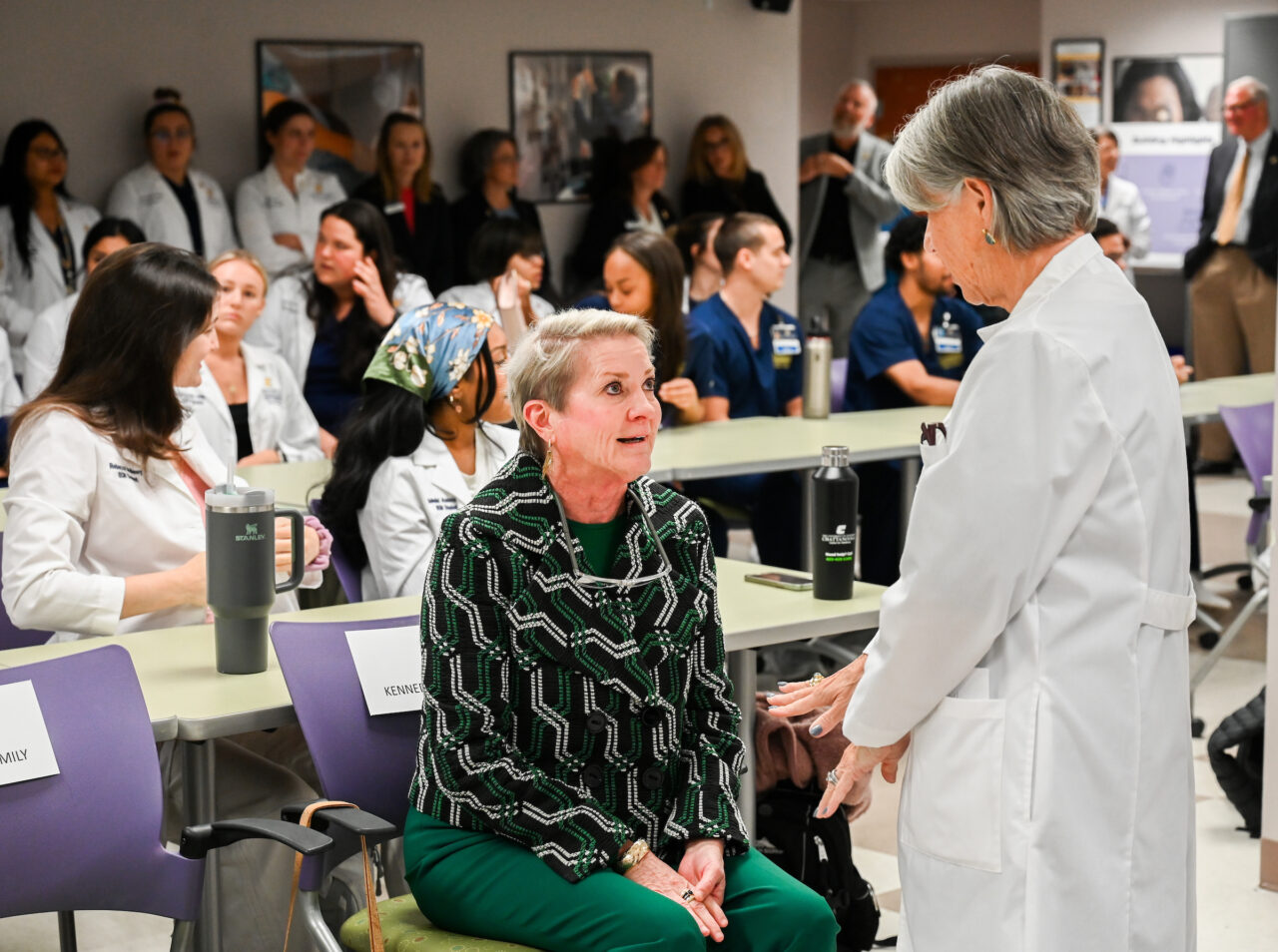 Members of the UTC nursing staff, faculty and students, along with elected officials, were present Monday, Oct. 23, 2023 for the announcement of an $8-million gift from the Kennedy Foundation, Inc., to name the forthcoming home of the UTC School of Nursing the Dorothy and Jim Kennedy Health Sciences Building.