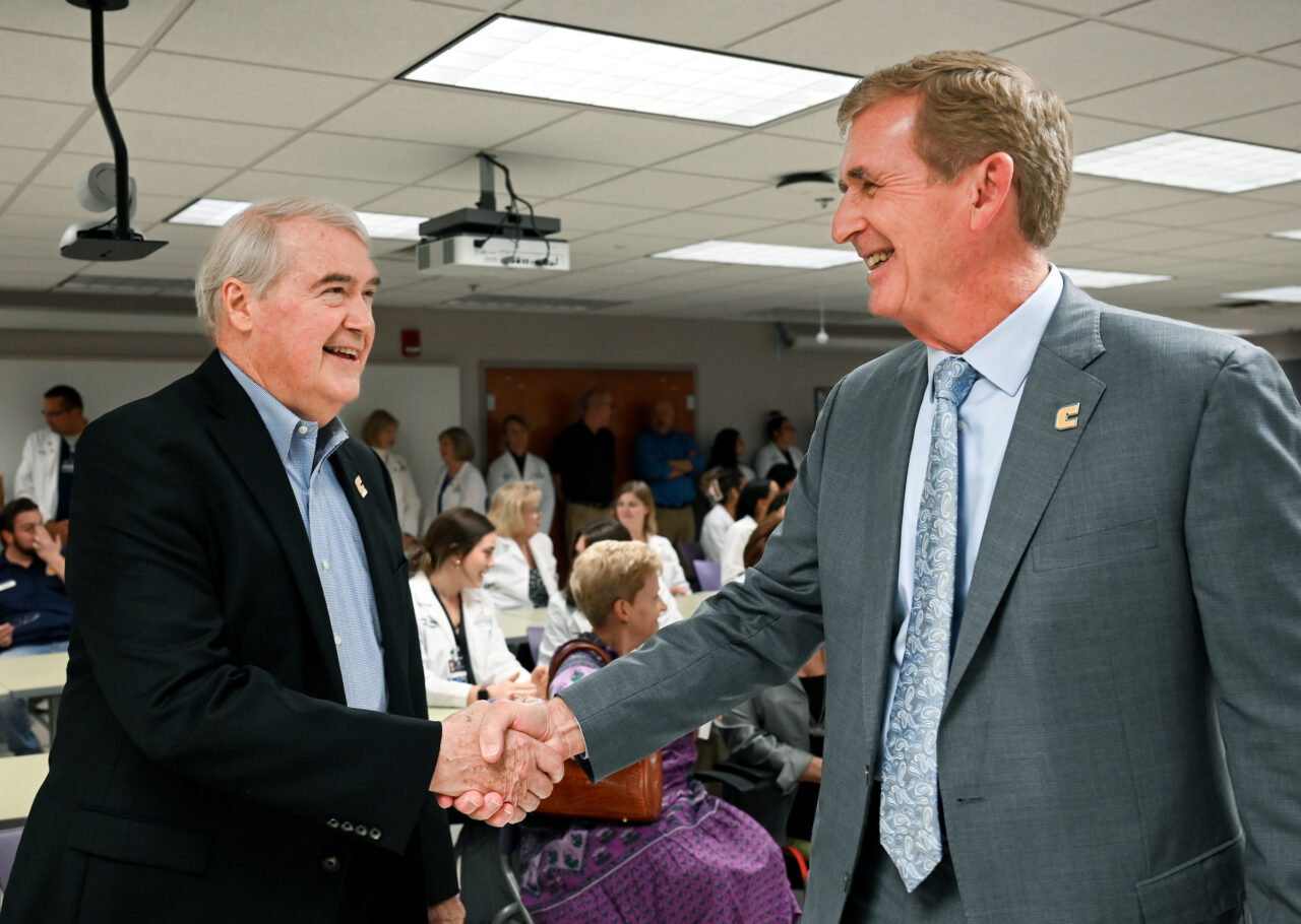 Members of the UTC nursing staff, faculty and students, along with elected officials, were present Monday, Oct. 23, 2023 for the announcement of an $8-million gift from the Kennedy Foundation, Inc., to name the forthcoming home of the UTC School of Nursing the Dorothy and Jim Kennedy Health Sciences Building.