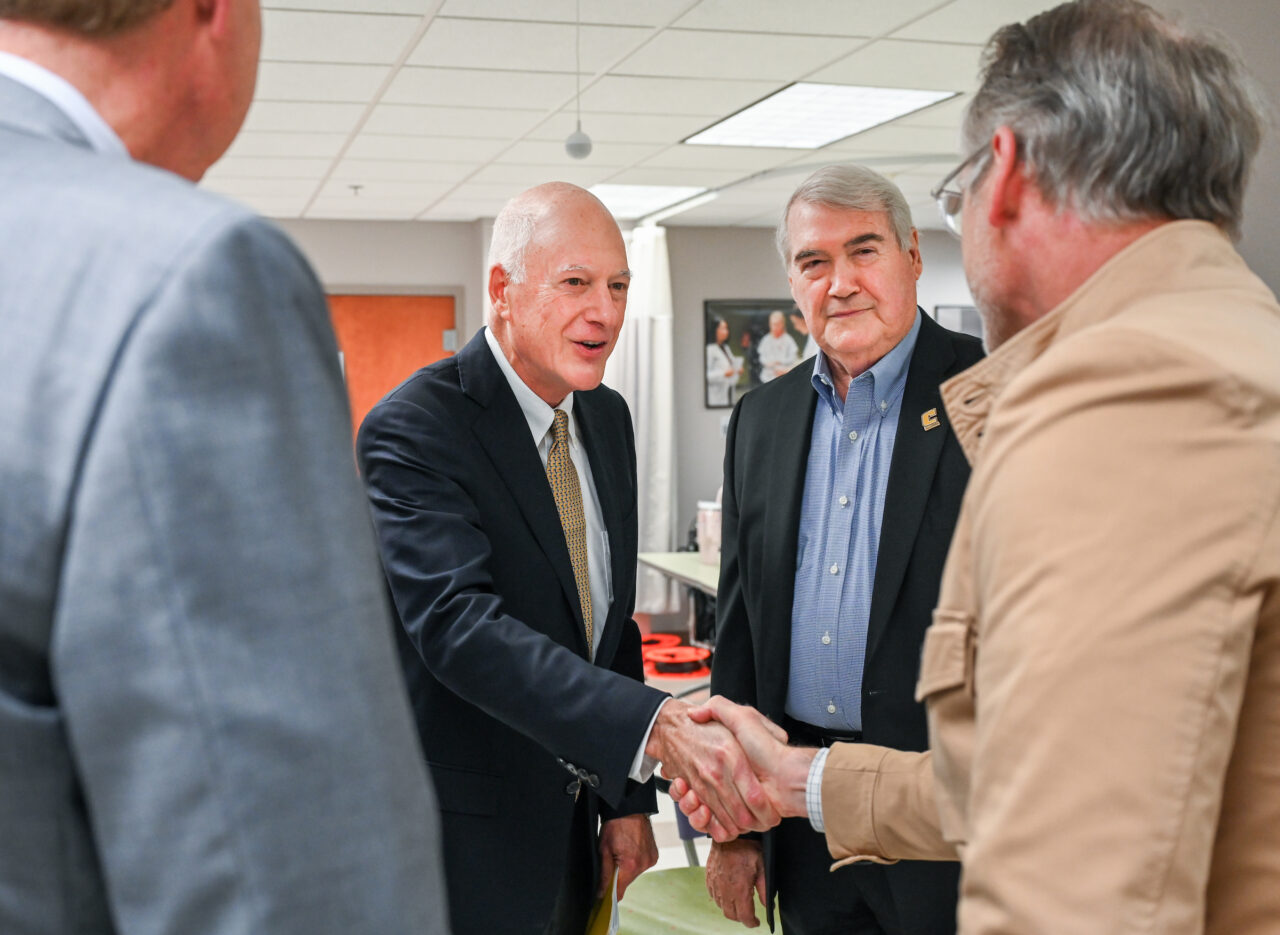 Members of the UTC nursing staff, faculty and students, along with elected officials, were present Monday, Oct. 23, 2023 for the announcement of an $8-million gift from the Kennedy Foundation, Inc., to name the forthcoming home of the UTC School of Nursing the Dorothy and Jim Kennedy Health Sciences Building.