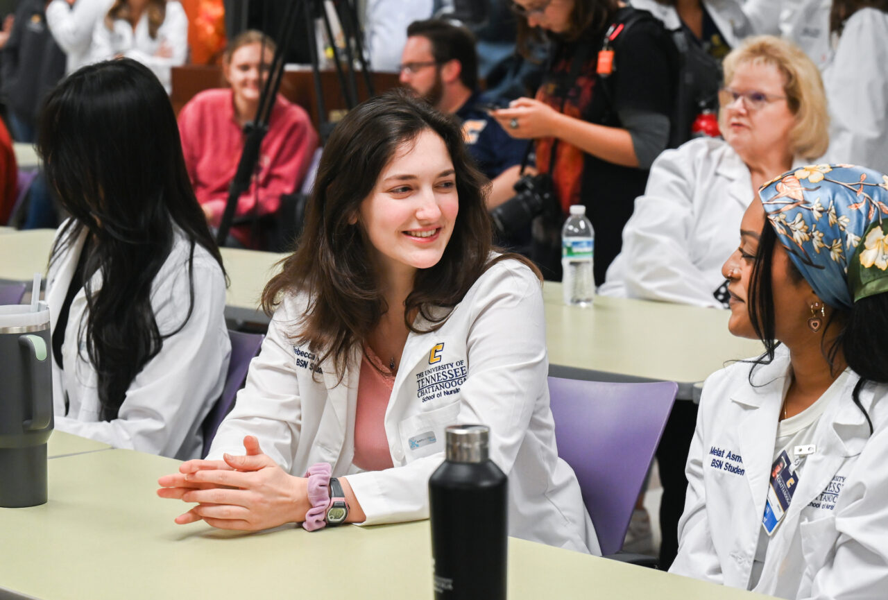 Members of the UTC nursing staff, faculty and students, along with elected officials, were present Monday, Oct. 23, 2023 for the announcement of an $8-million gift from the Kennedy Foundation, Inc., to name the forthcoming home of the UTC School of Nursing the Dorothy and Jim Kennedy Health Sciences Building.