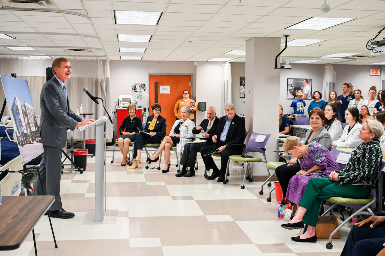 Members of the UTC nursing staff, faculty and students, along with elected officials, were present Monday, Oct. 23, 2023 for the announcement of an $8-million gift from the Kennedy Foundation, Inc., to name the forthcoming home of the UTC School of Nursing the Dorothy and Jim Kennedy Health Sciences Building.