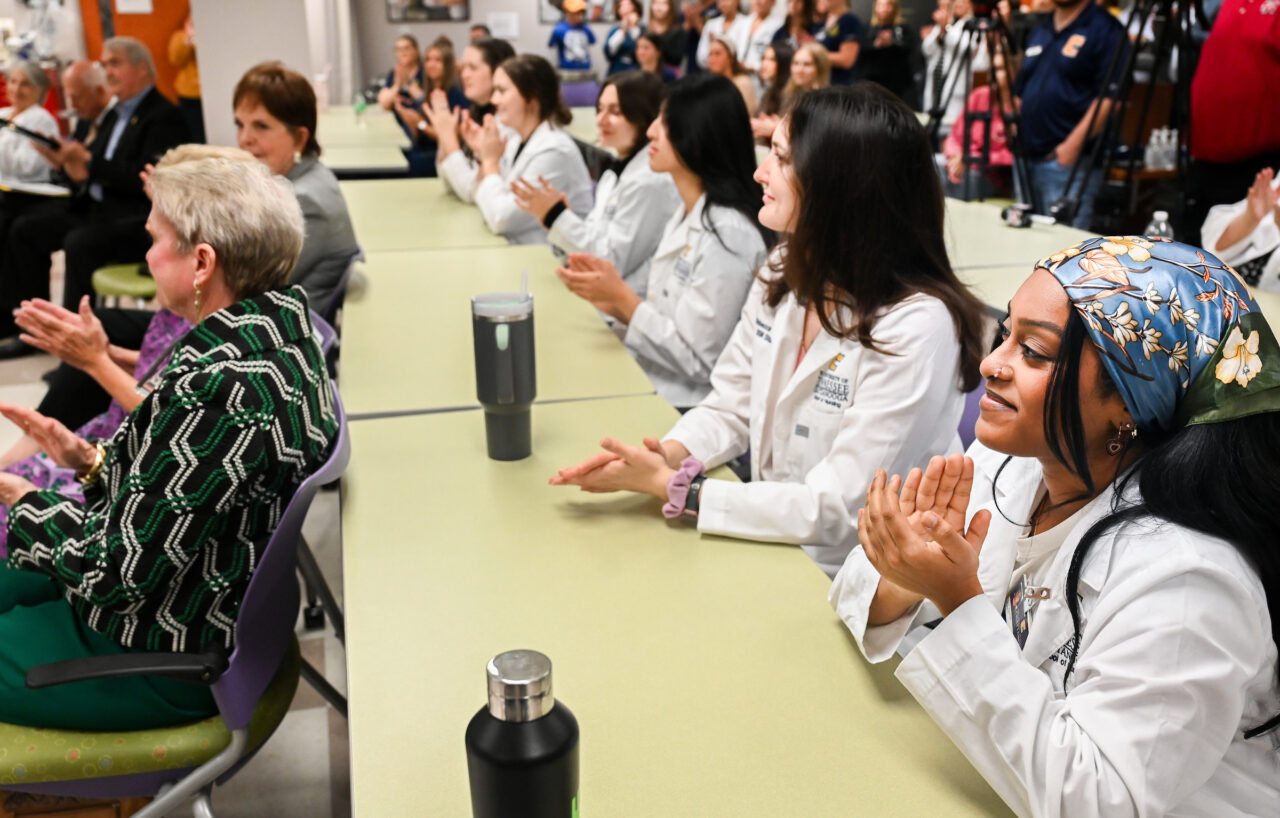 Members of the UTC nursing staff, faculty and students, along with elected officials, were present Monday, Oct. 23, 2023 for the announcement of an $8-million gift from the Kennedy Foundation, Inc., to name the forthcoming home of the UTC School of Nursing the Dorothy and Jim Kennedy Health Sciences Building.