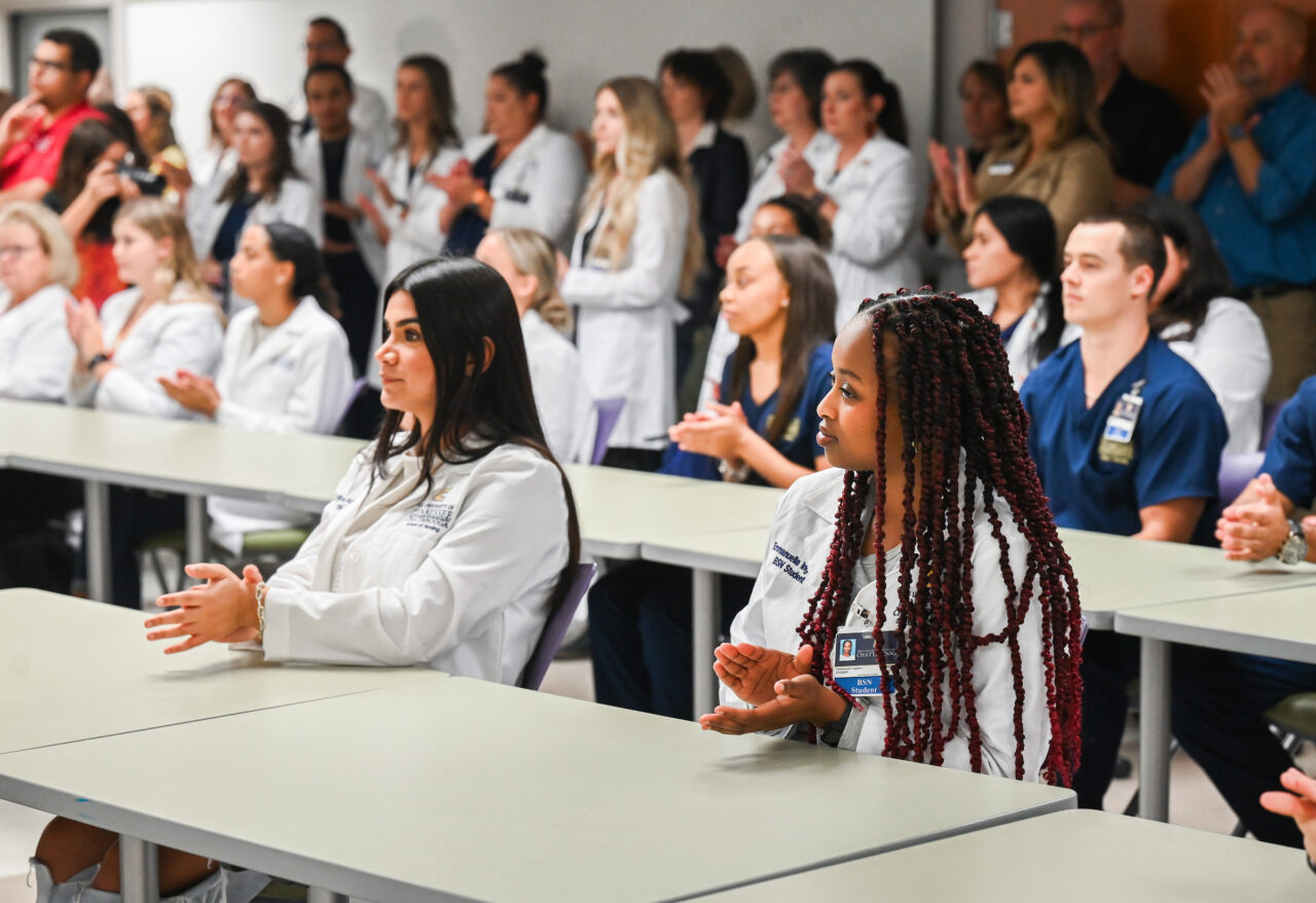 Members of the UTC nursing staff, faculty and students, along with elected officials, were present Monday, Oct. 23, 2023 for the announcement of an $8-million gift from the Kennedy Foundation, Inc., to name the forthcoming home of the UTC School of Nursing the Dorothy and Jim Kennedy Health Sciences Building.