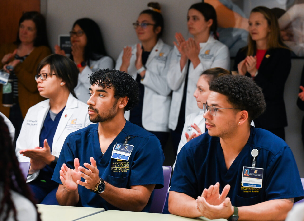 Members of the UTC nursing staff, faculty and students, along with elected officials, were present Monday, Oct. 23, 2023 for the announcement of an $8-million gift from the Kennedy Foundation, Inc., to name the forthcoming home of the UTC School of Nursing the Dorothy and Jim Kennedy Health Sciences Building.