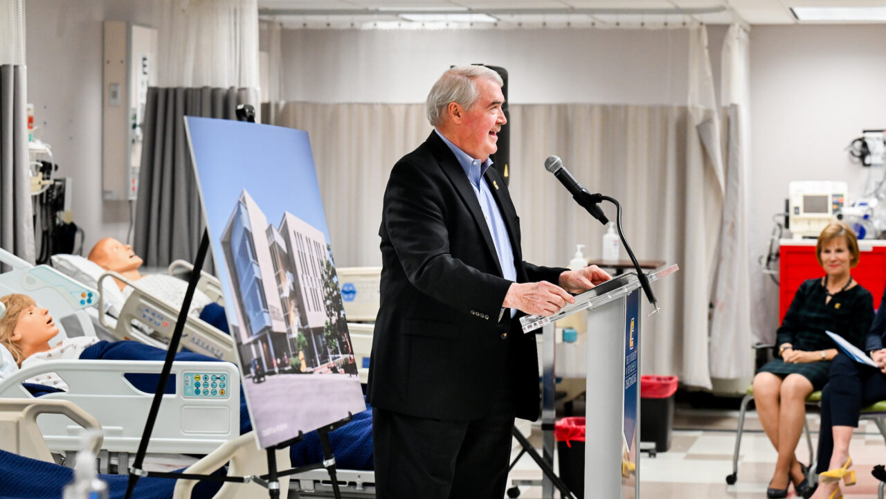 Members of the UTC nursing staff, faculty and students, along with elected officials, were present Monday, Oct. 23, 2023 for the announcement of an $8-million gift from the Kennedy Foundation, Inc., to name the forthcoming home of the UTC School of Nursing the Dorothy and Jim Kennedy Health Sciences Building.