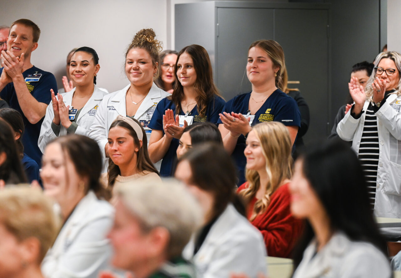 Members of the UTC nursing staff, faculty and students, along with elected officials, were present Monday, Oct. 23, 2023 for the announcement of an $8-million gift from the Kennedy Foundation, Inc., to name the forthcoming home of the UTC School of Nursing the Dorothy and Jim Kennedy Health Sciences Building.