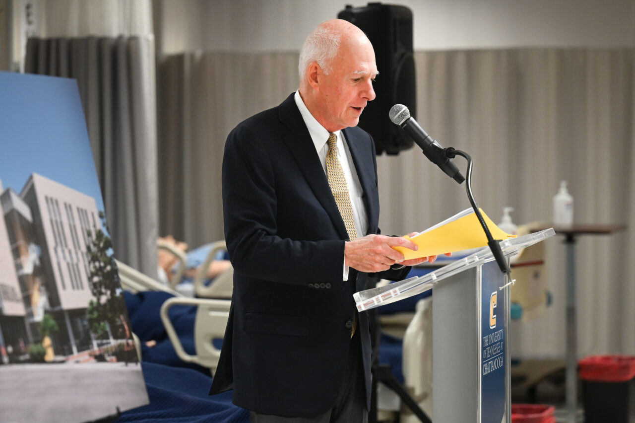 Members of the UTC nursing staff, faculty and students, along with elected officials, were present Monday, Oct. 23, 2023 for the announcement of an $8-million gift from the Kennedy Foundation, Inc., to name the forthcoming home of the UTC School of Nursing the Dorothy and Jim Kennedy Health Sciences Building.