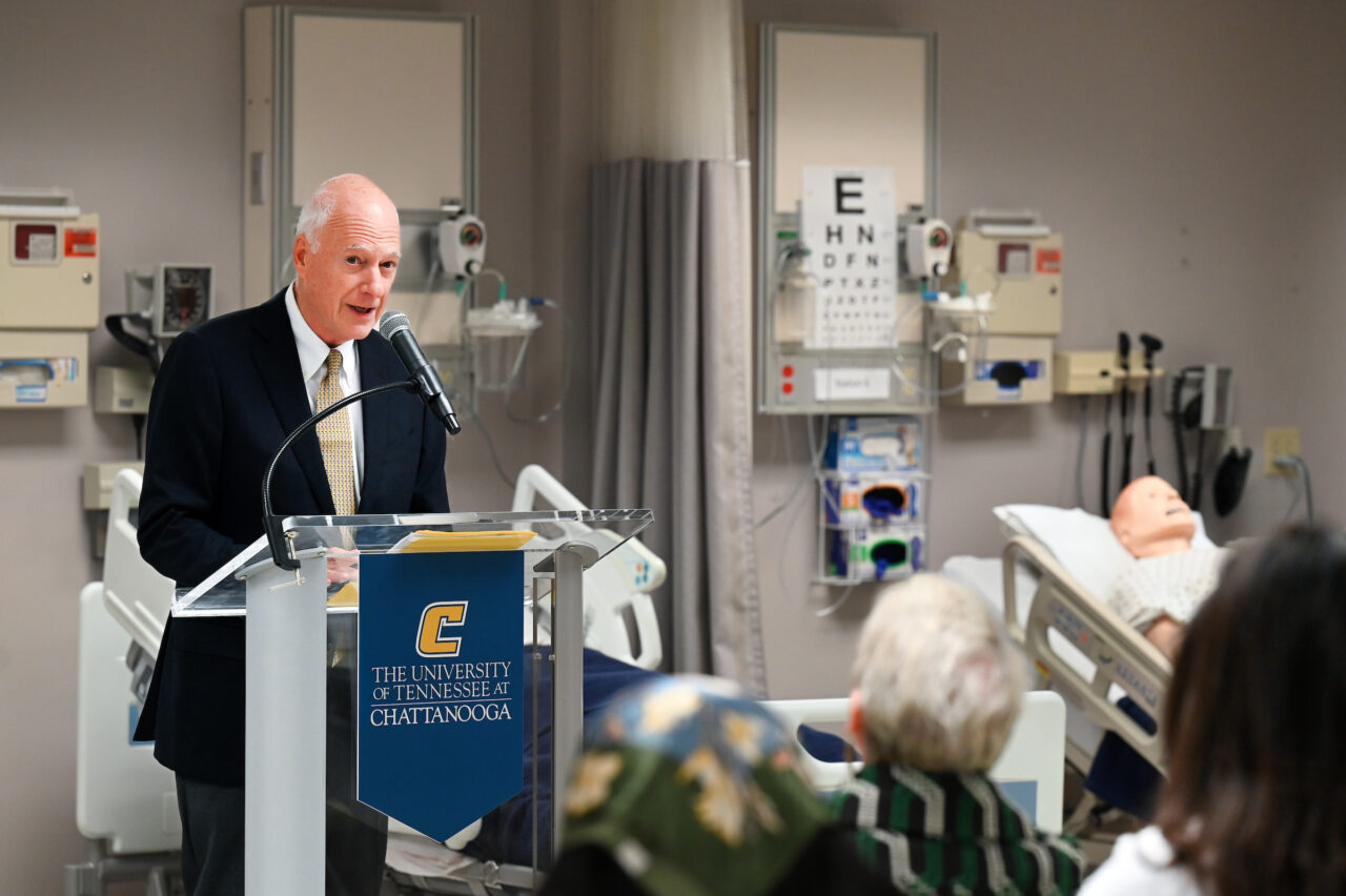Members of the UTC nursing staff, faculty and students, along with elected officials, were present Monday, Oct. 23, 2023 for the announcement of an $8-million gift from the Kennedy Foundation, Inc., to name the forthcoming home of the UTC School of Nursing the Dorothy and Jim Kennedy Health Sciences Building.
