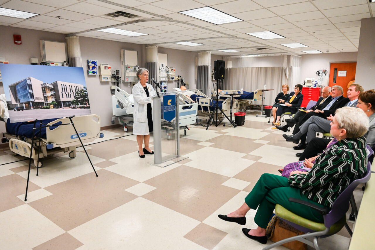 Members of the UTC nursing staff, faculty and students, along with elected officials, were present Monday, Oct. 23, 2023 for the announcement of an $8-million gift from the Kennedy Foundation, Inc., to name the forthcoming home of the UTC School of Nursing the Dorothy and Jim Kennedy Health Sciences Building.