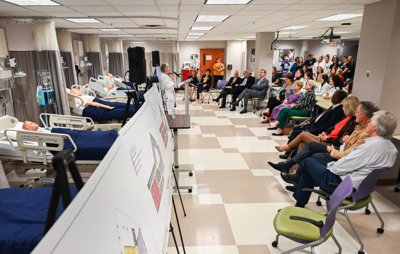 Members of the UTC nursing staff, faculty and students, along with elected officials, were present Monday, Oct. 23, 2023 for the announcement of an $8-million gift from the Kennedy Foundation, Inc., to name the forthcoming home of the UTC School of Nursing the Dorothy and Jim Kennedy Health Sciences Building.