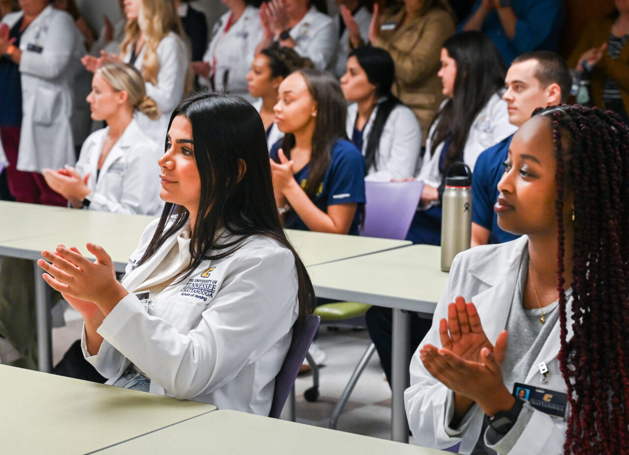 Members of the UTC nursing staff, faculty and students, along with elected officials, were present Monday, Oct. 23, 2023 for the announcement of an $8-million gift from the Kennedy Foundation, Inc., to name the forthcoming home of the UTC School of Nursing the Dorothy and Jim Kennedy Health Sciences Building.