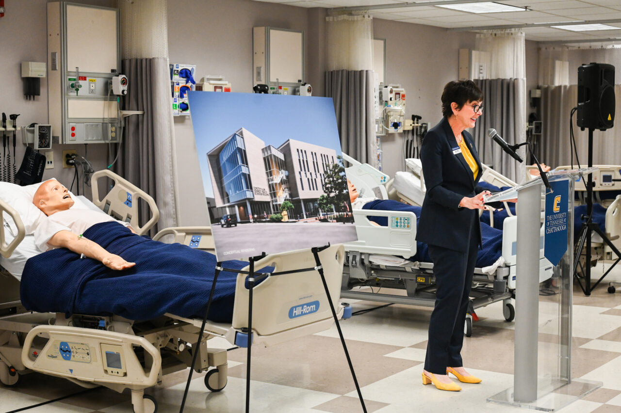 Members of the UTC nursing staff, faculty and students, along with elected officials, were present Monday, Oct. 23, 2023 for the announcement of an $8-million gift from the Kennedy Foundation, Inc., to name the forthcoming home of the UTC School of Nursing the Dorothy and Jim Kennedy Health Sciences Building.
