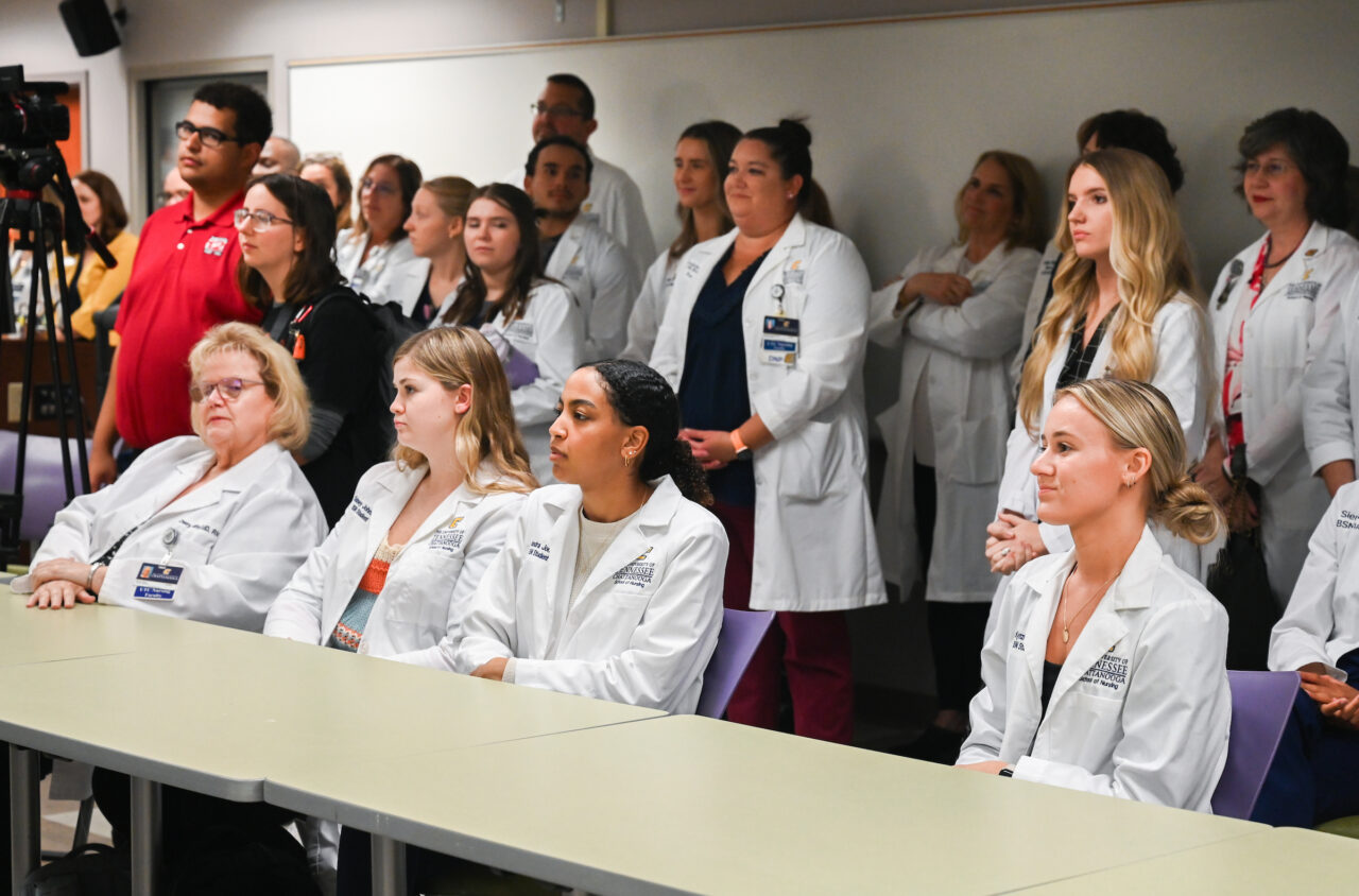 Members of the UTC nursing staff, faculty and students, along with elected officials, were present Monday, Oct. 23, 2023 for the announcement of an $8-million gift from the Kennedy Foundation, Inc., to name the forthcoming home of the UTC School of Nursing the Dorothy and Jim Kennedy Health Sciences Building.
