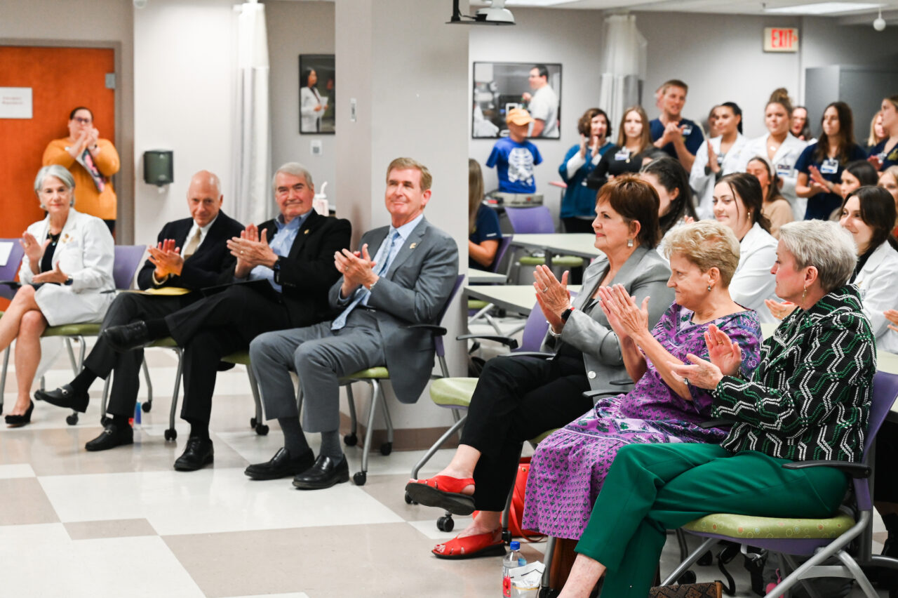 Members of the UTC nursing staff, faculty and students, along with elected officials, were present Monday, Oct. 23, 2023 for the announcement of an $8-million gift from the Kennedy Foundation, Inc., to name the forthcoming home of the UTC School of Nursing the Dorothy and Jim Kennedy Health Sciences Building.