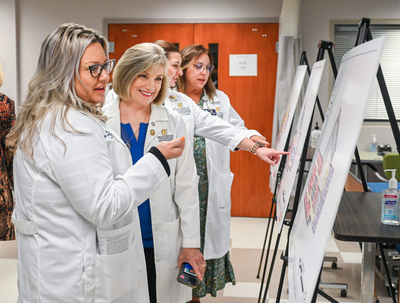 Members of the UTC nursing staff, faculty and students, along with elected officials, were present Monday, Oct. 23, 2023 for the announcement of an $8-million gift from the Kennedy Foundation, Inc., to name the forthcoming home of the UTC School of Nursing the Dorothy and Jim Kennedy Health Sciences Building.