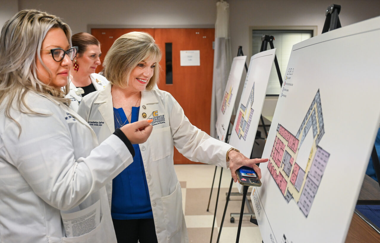 Members of the UTC nursing staff, faculty and students, along with elected officials, were present Monday, Oct. 23, 2023 for the announcement of an $8-million gift from the Kennedy Foundation, Inc., to name the forthcoming home of the UTC School of Nursing the Dorothy and Jim Kennedy Health Sciences Building.
