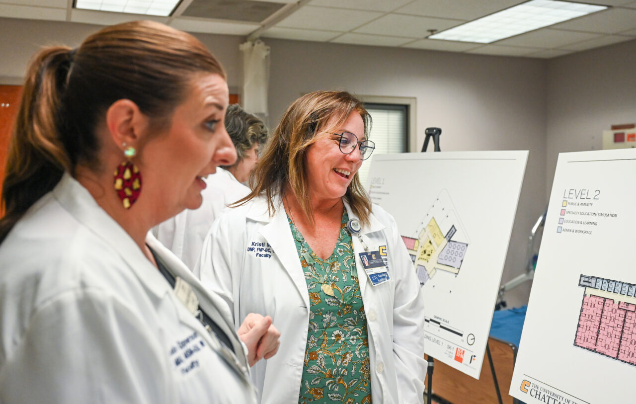 Members of the UTC nursing staff, faculty and students, along with elected officials, were present Monday, Oct. 23, 2023 for the announcement of an $8-million gift from the Kennedy Foundation, Inc., to name the forthcoming home of the UTC School of Nursing the Dorothy and Jim Kennedy Health Sciences Building.