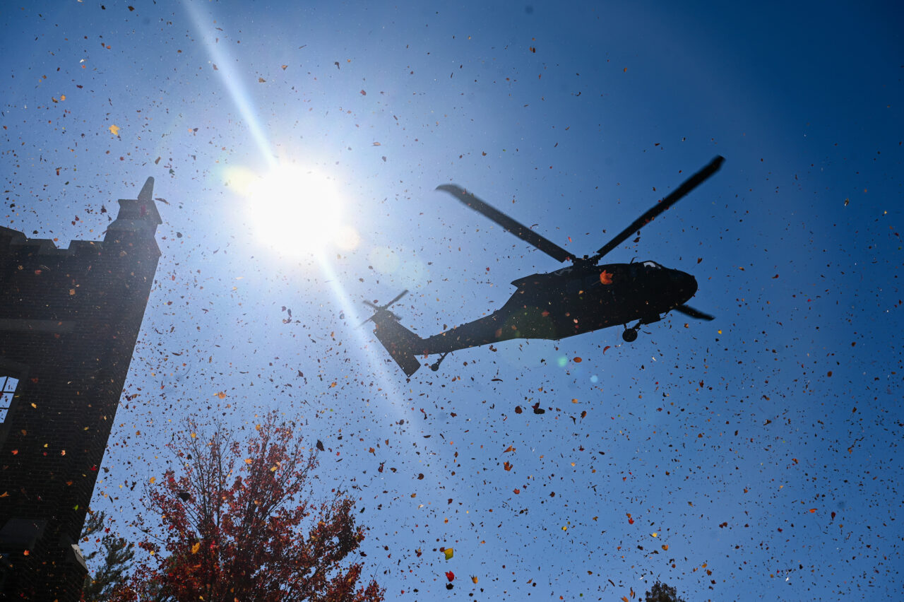 ROTC cadets ride in a Blackhawk, Wednesday, Nov.1, 2023