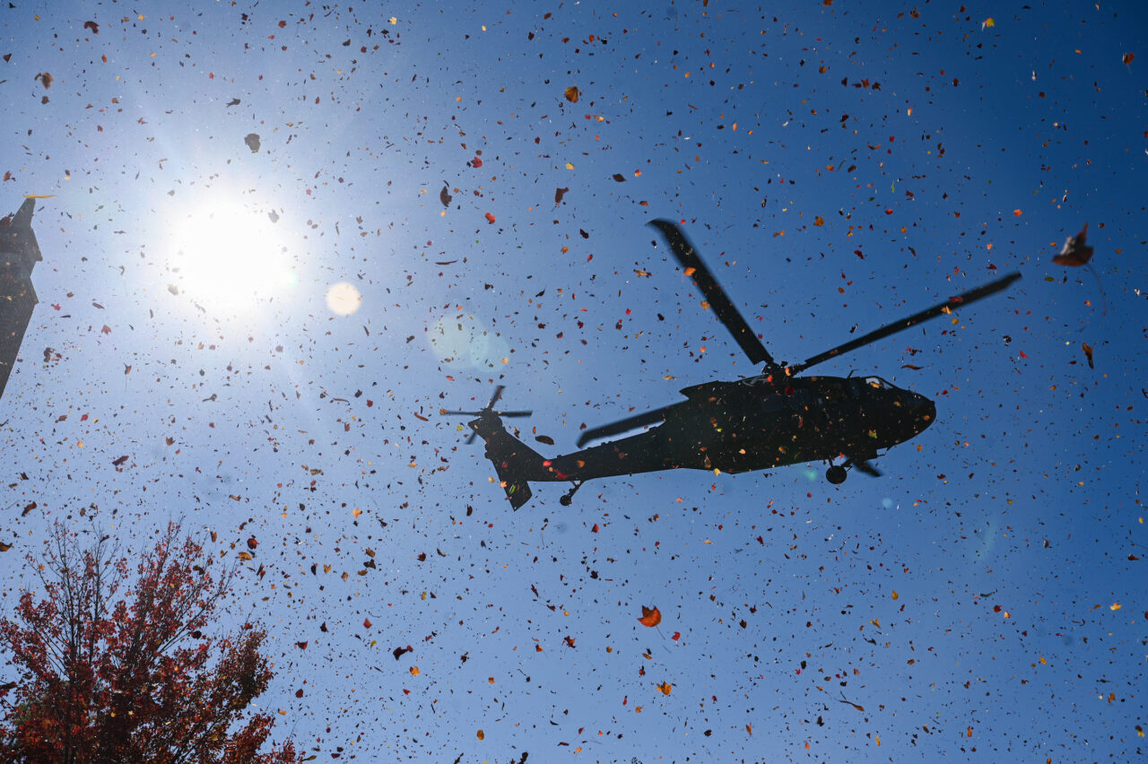 ROTC cadets ride in a Blackhawk, Wednesday, Nov.1, 2023