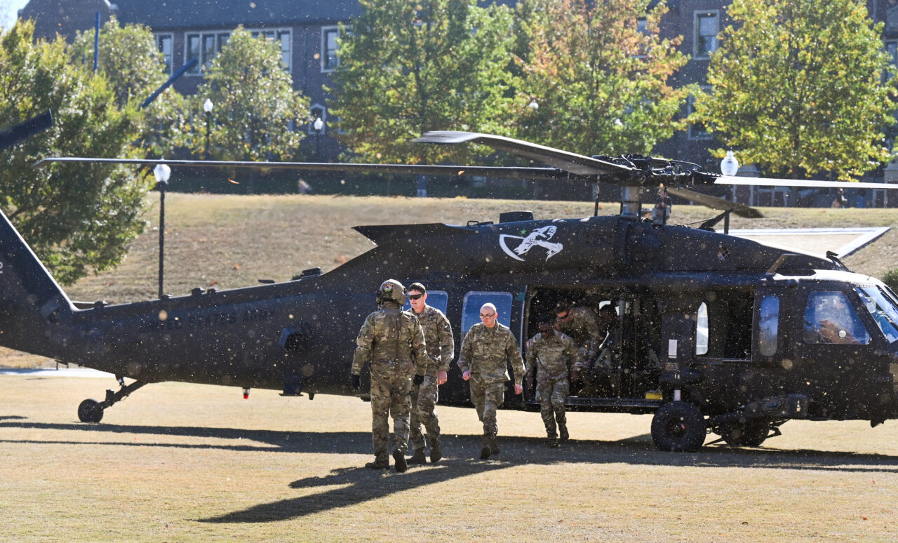 ROTC cadets ride in a Blackhawk, Wednesday, Nov.1, 2023