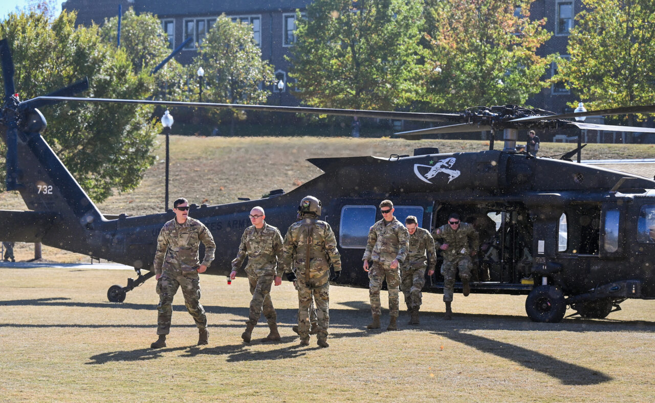 ROTC cadets ride in a Blackhawk, Wednesday, Nov.1, 2023