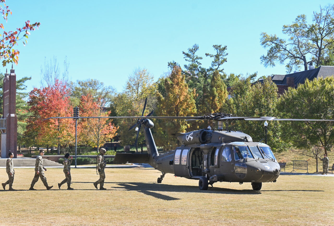 ROTC cadets ride in a Blackhawk, Wednesday, Nov.1, 2023