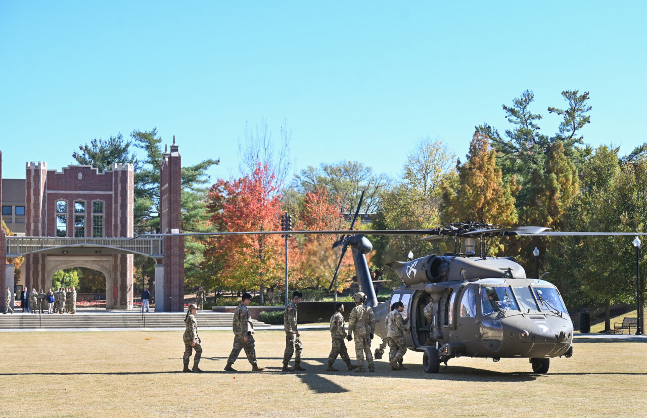 ROTC cadets ride in a Blackhawk, Wednesday, Nov.1, 2023