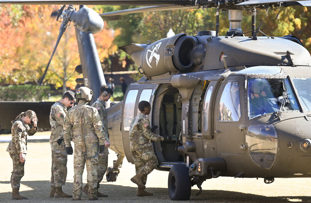 ROTC cadets ride in a Blackhawk, Wednesday, Nov.1, 2023