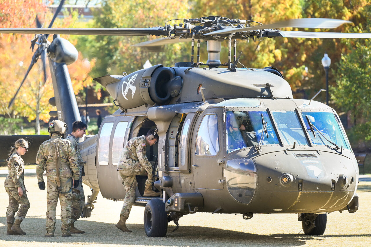 ROTC cadets ride in a Blackhawk, Wednesday, Nov.1, 2023