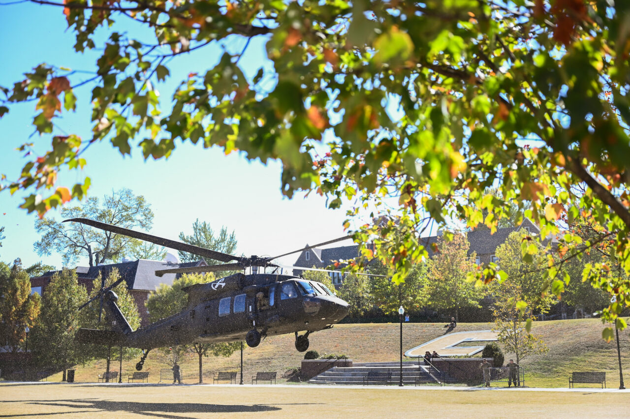 ROTC cadets ride in a Blackhawk, Wednesday, Nov.1, 2023