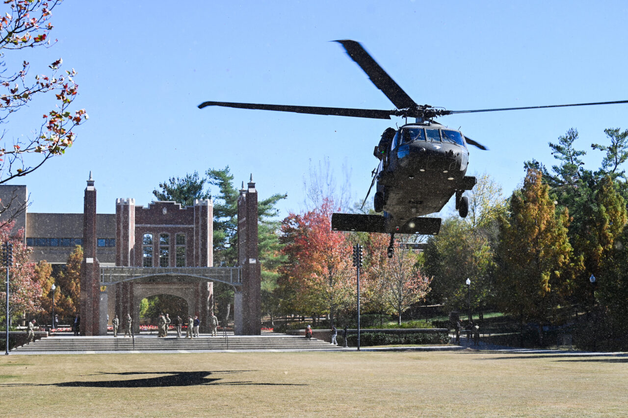 ROTC cadets ride in a Blackhawk, Wednesday, Nov.1, 2023