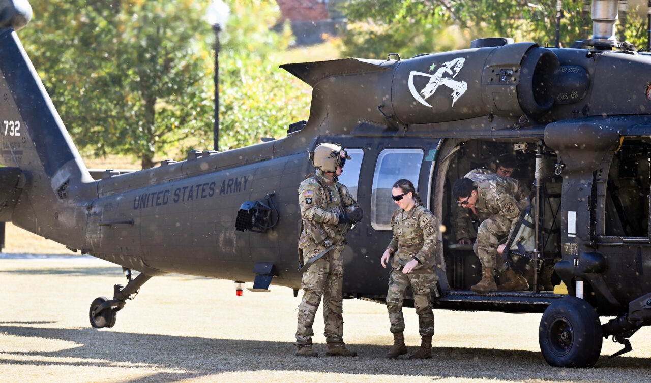 ROTC cadets ride in a Blackhawk, Wednesday, Nov.1, 2023