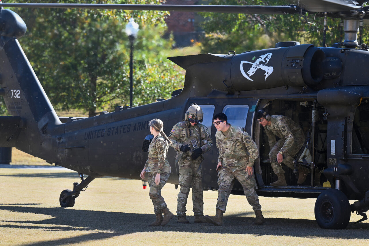 ROTC cadets ride in a Blackhawk, Wednesday, Nov.1, 2023