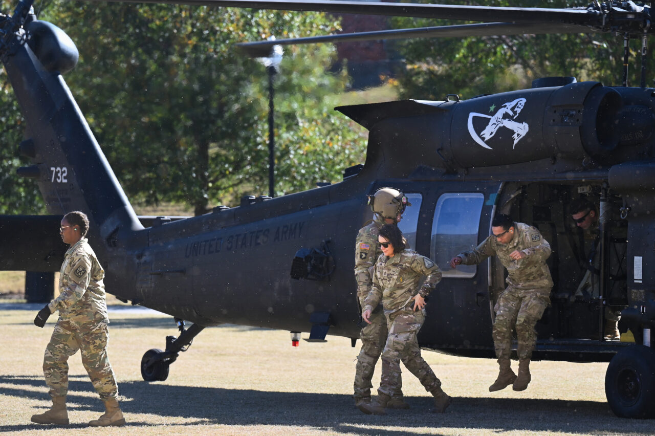 ROTC cadets ride in a Blackhawk, Wednesday, Nov.1, 2023
