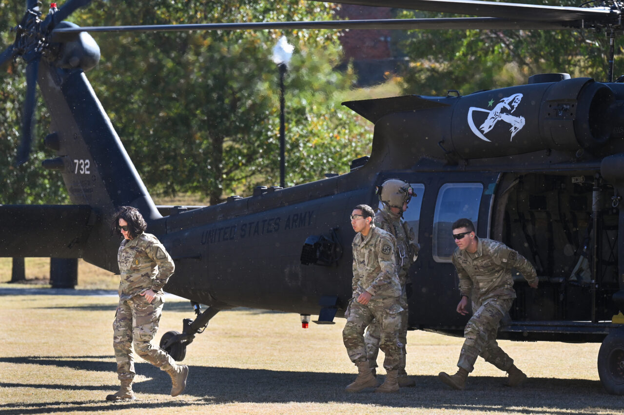 ROTC cadets ride in a Blackhawk, Wednesday, Nov.1, 2023