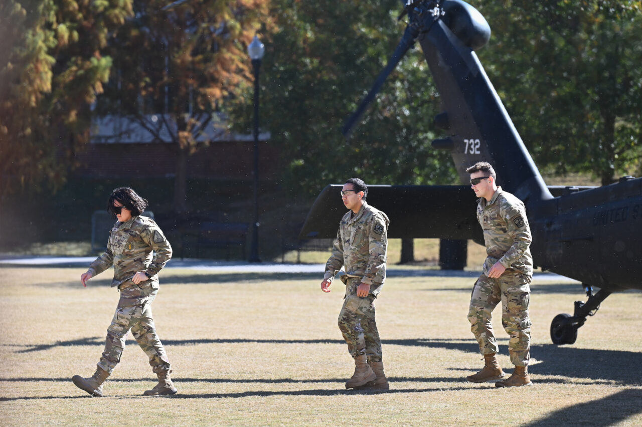 ROTC cadets ride in a Blackhawk, Wednesday, Nov.1, 2023