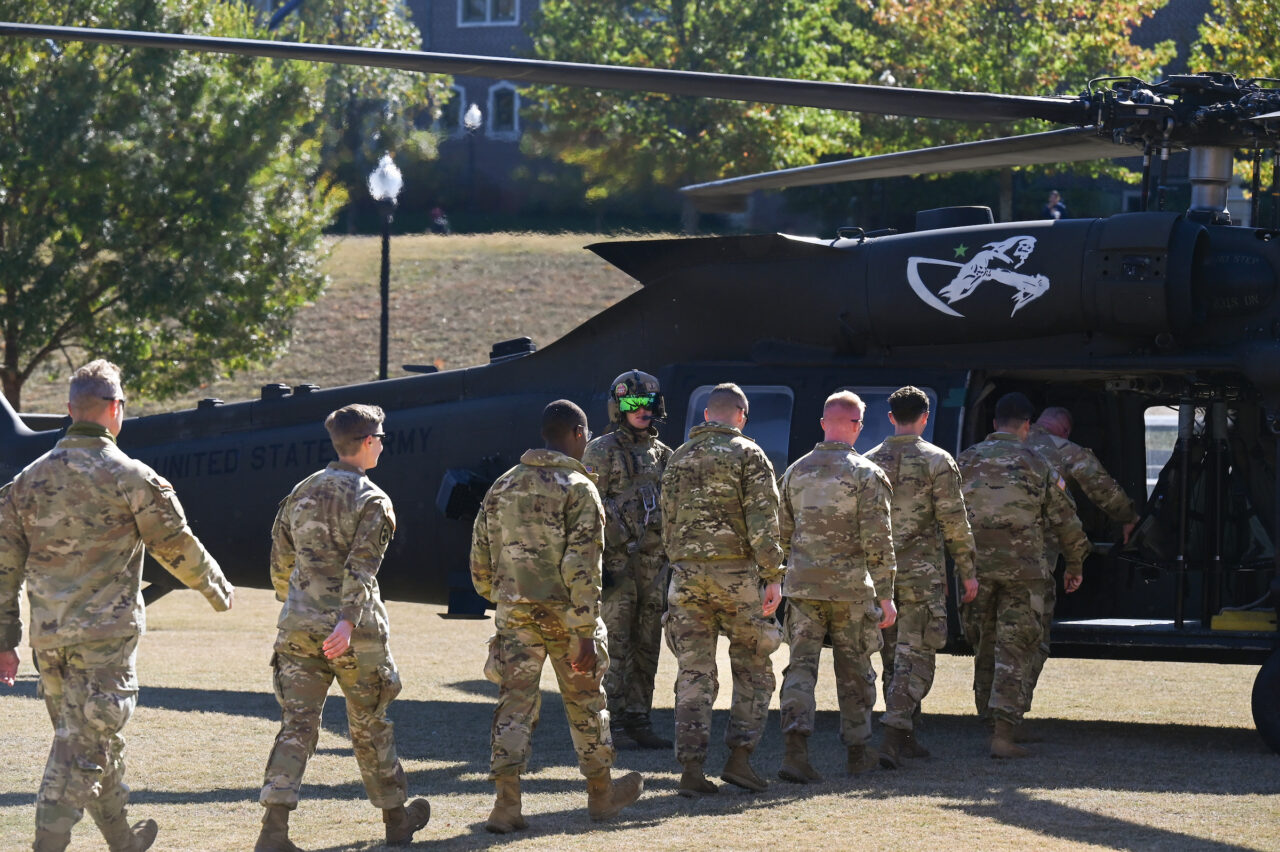 ROTC cadets ride in a Blackhawk, Wednesday, Nov.1, 2023