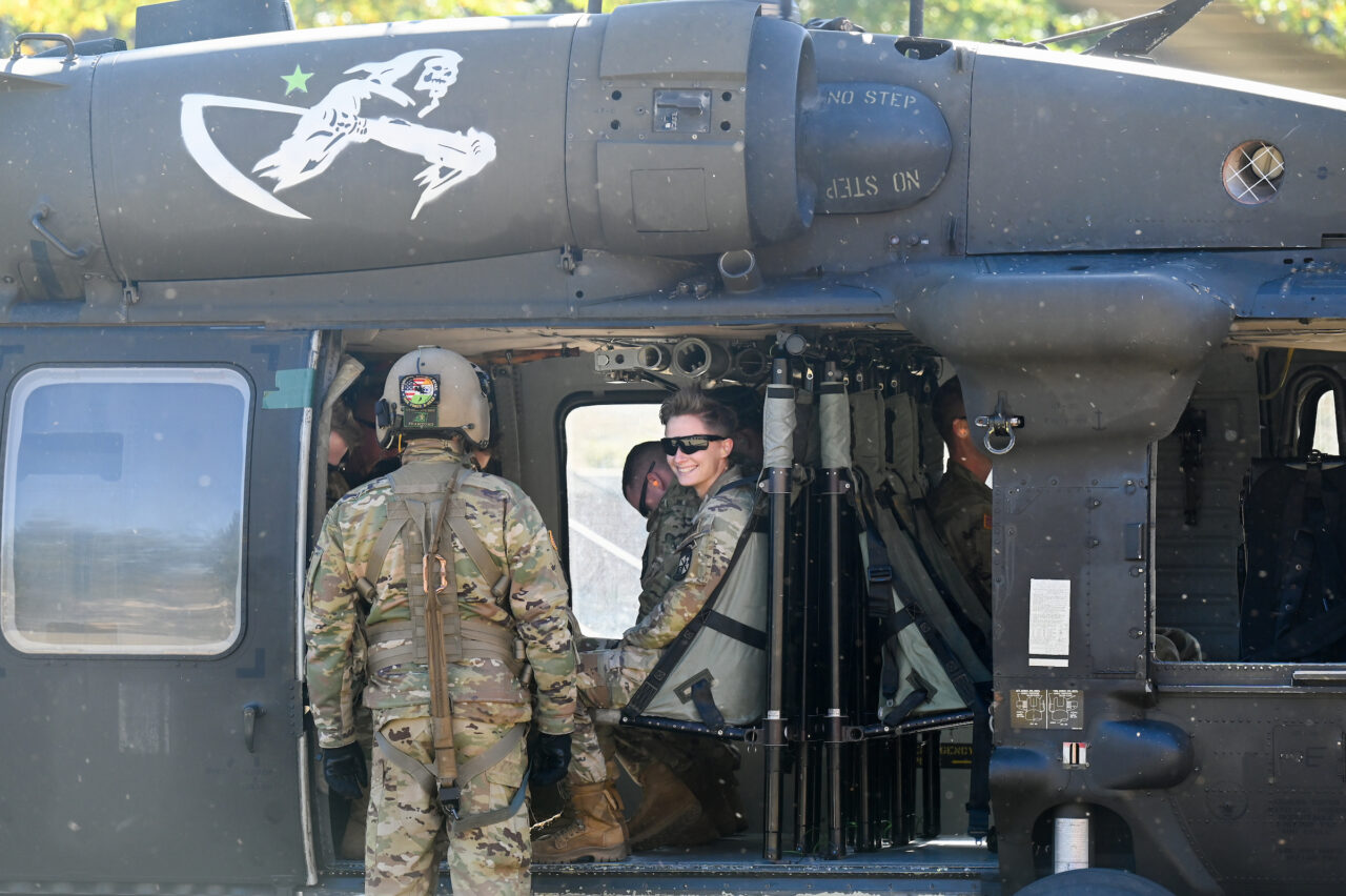 ROTC cadets ride in a Blackhawk, Wednesday, Nov.1, 2023