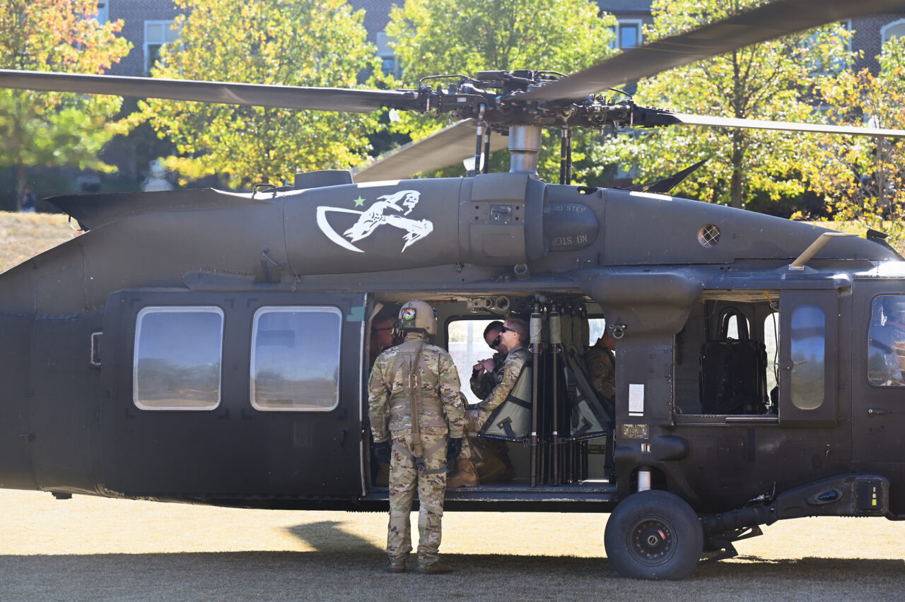ROTC cadets ride in a Blackhawk, Wednesday, Nov.1, 2023