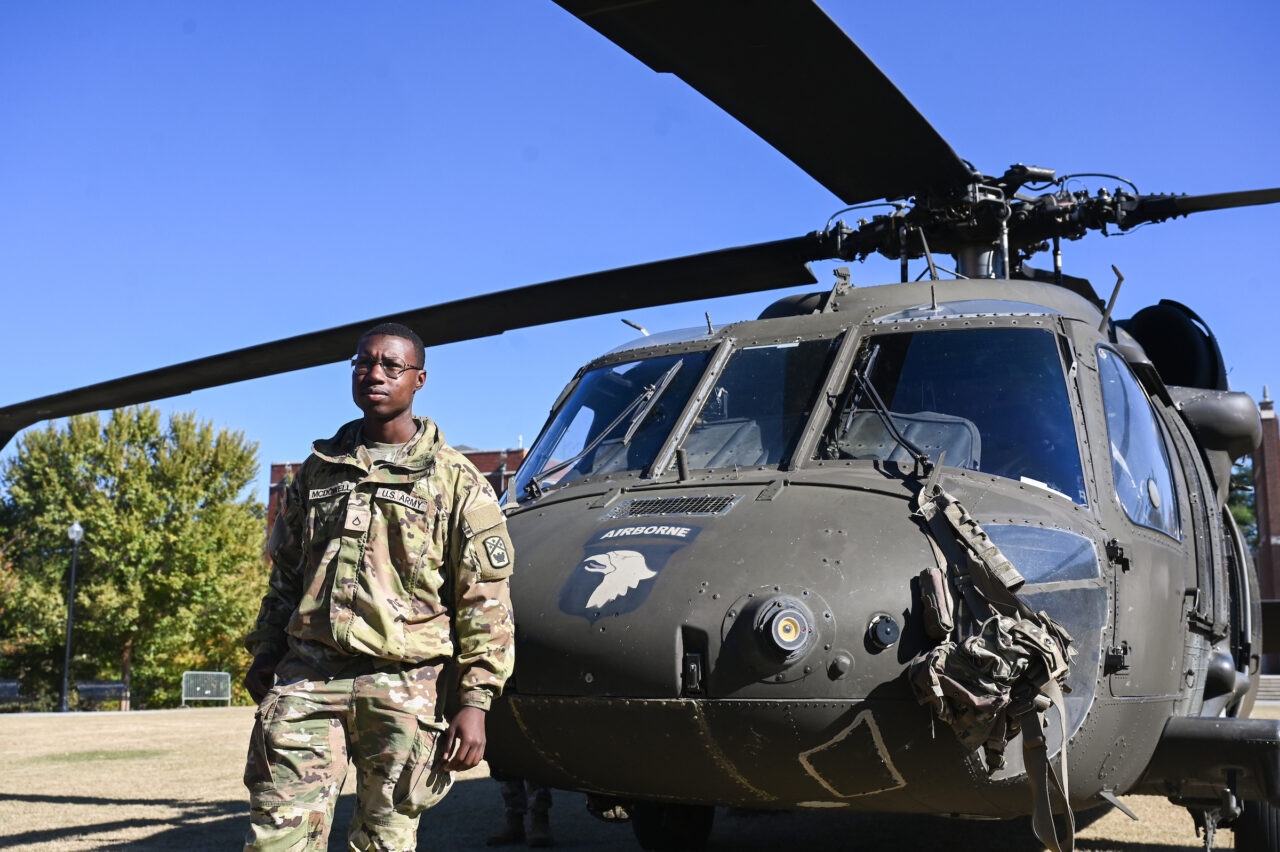 ROTC cadets ride in a Blackhawk, Wednesday, Nov.1, 2023