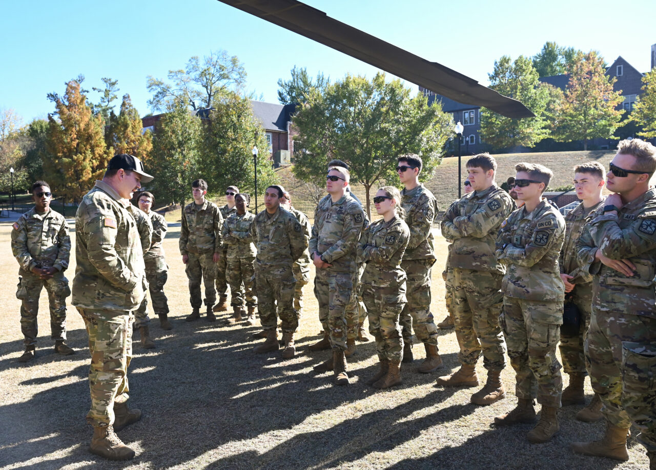 ROTC cadets ride in a Blackhawk, Wednesday, Nov.1, 2023