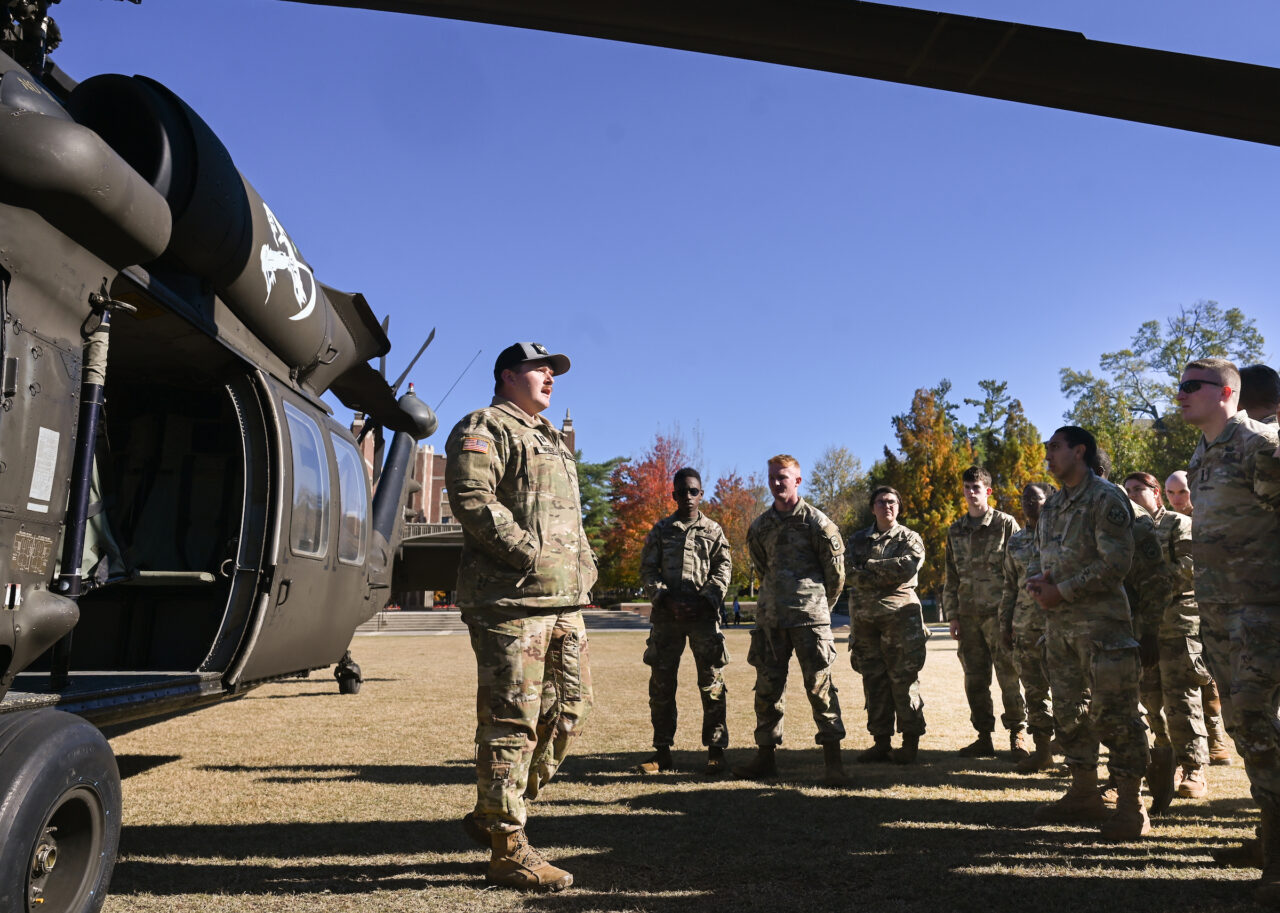 ROTC cadets ride in a Blackhawk, Wednesday, Nov.1, 2023