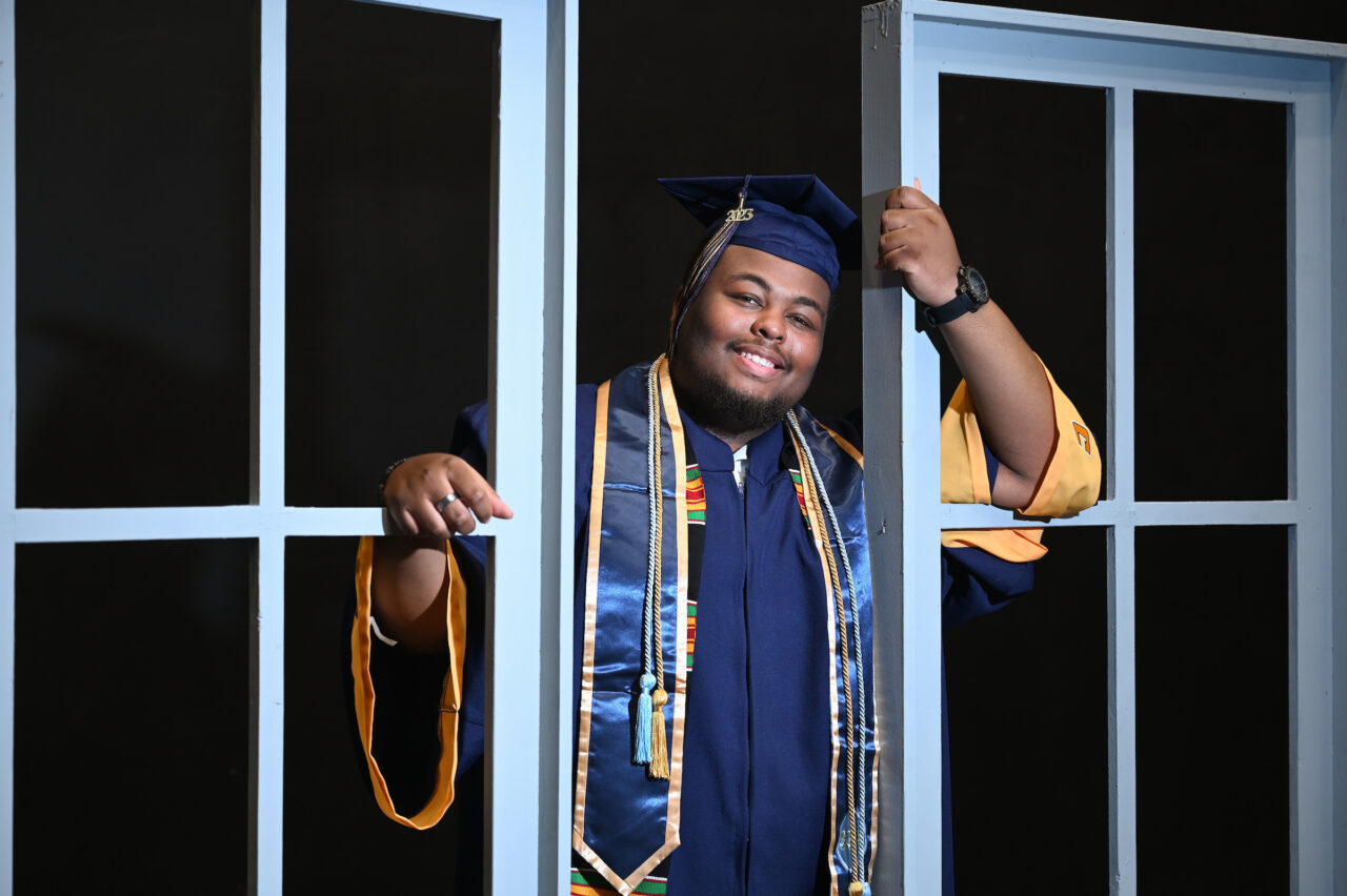 The world of theater has opened many doors—or in this case, windows—for Isaiah Mark Owens, who will be graduating from UTC in December. Photo at the Fine Arts Center by Angela Foster.