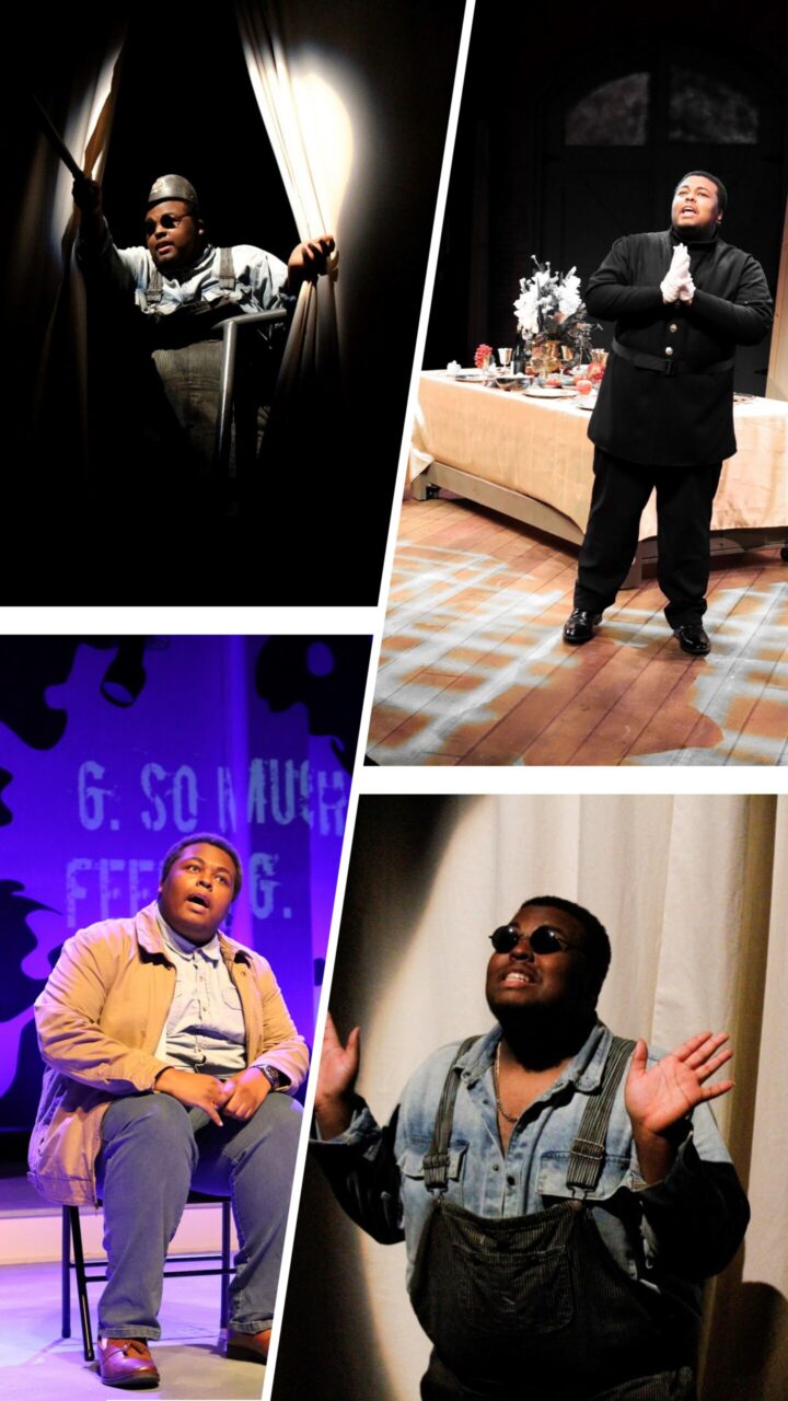 Clockwise from top left: Isaiah Mark Owens played three characters (Yank/Paddy/Cop) in the Obvious Dad production of “Hairy Ape;” as Jackie “Tiger” Brown in the UTC Theatre Co.’s production of “ThreePenny Opera,” directed by Steve Ray; also from “Hairy Ape,” as Sorn in UTC Theatre’s “Stupid F##king Bird,” directed by Ray.