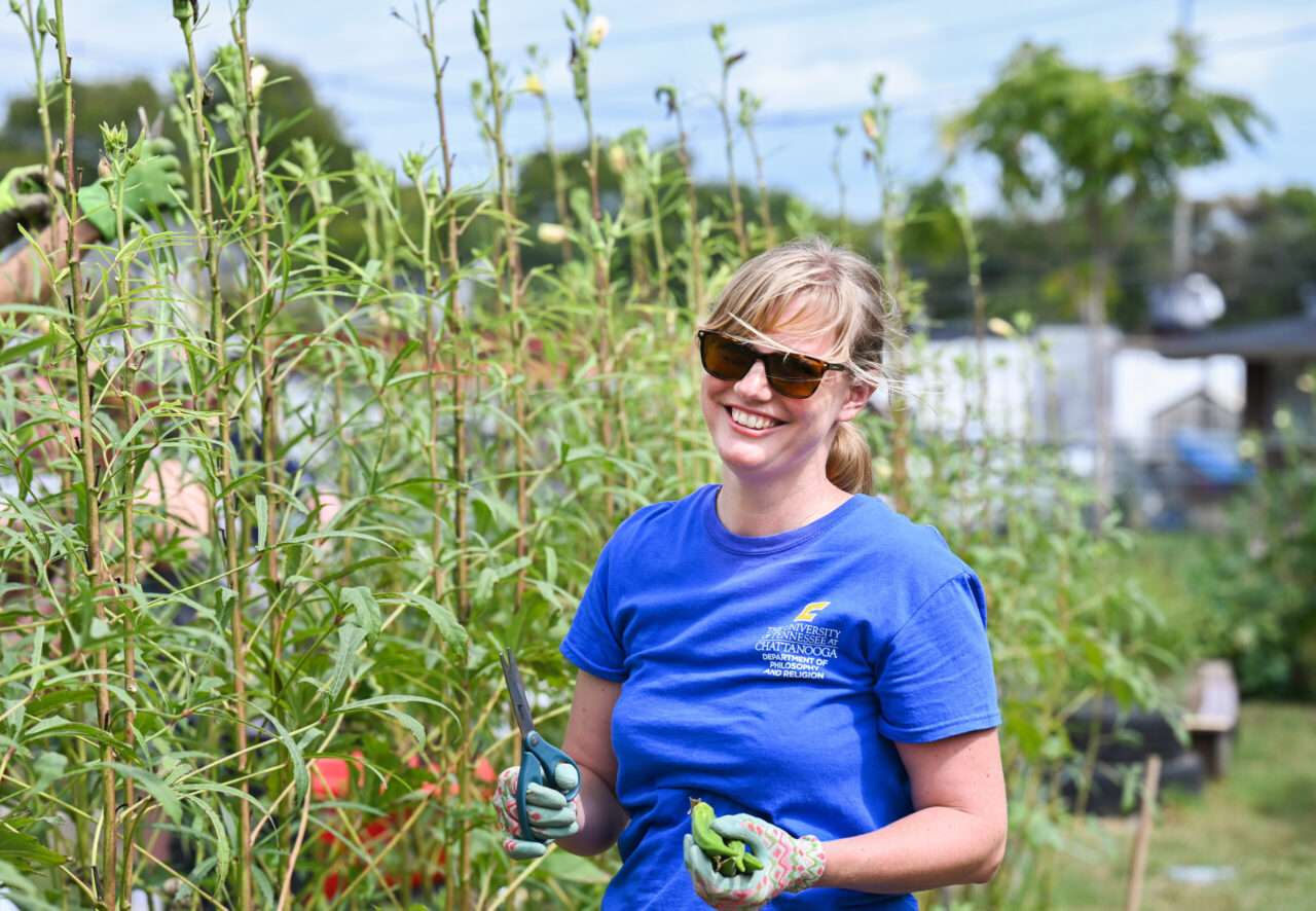 Dr. Lucy Schultz in a Values and the Environment class in The Bethlehem Center garden.