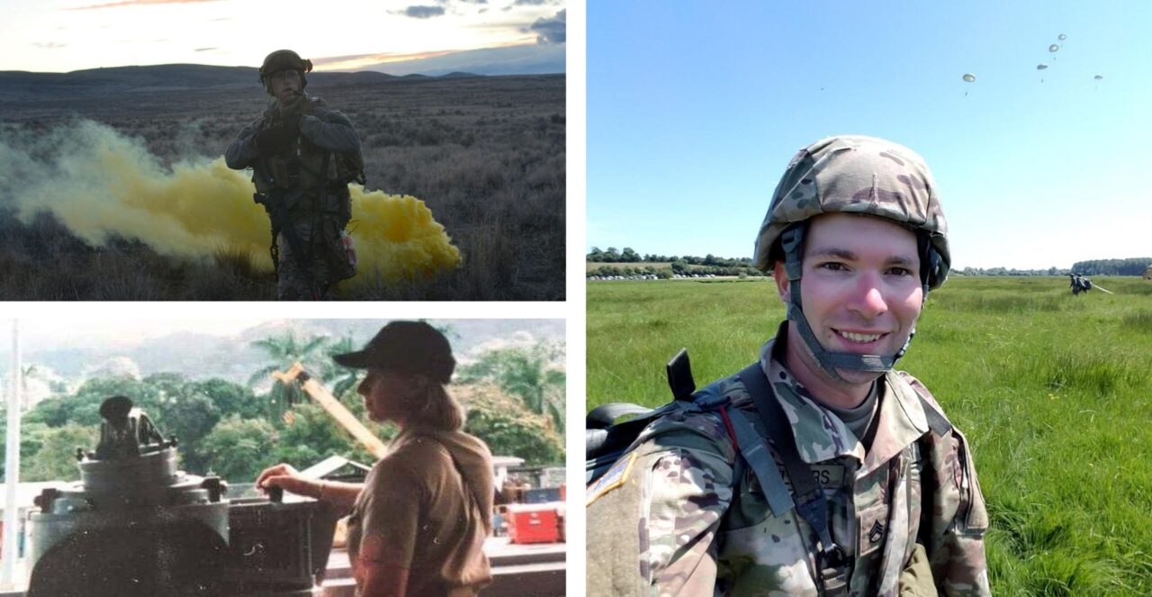 Clockwise from top left: U.S. Army Master Sergeant Joe Rowell on the radio with friendly helicopters in Yakima, Washington; A yellow smoke grenade marks his position. James Sellers, during his time in the Army, shown in Normandy, France, on the 74th anniversary of the D-Day invasion. U.S. Navy Ensign Kyra Daley taking the USS Arctic, AOE-8 through the Panama Canal in 1995.